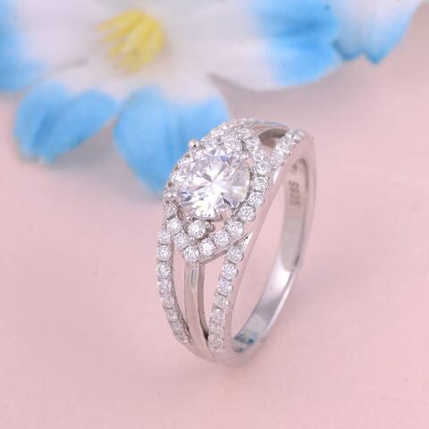 Moissanite Sterling Silver Round Halo Ring by Orchid Jewelry