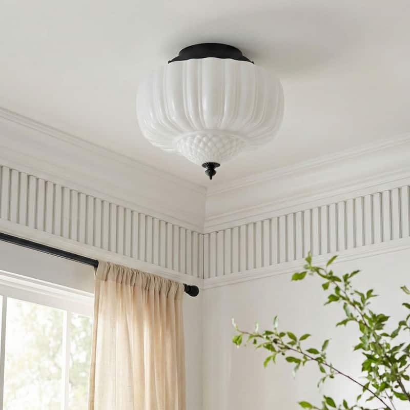 Modern Black Flush Mount Ceiling Light with White Glass Shade Iron Fixture for Living Room Bedroom Hallway