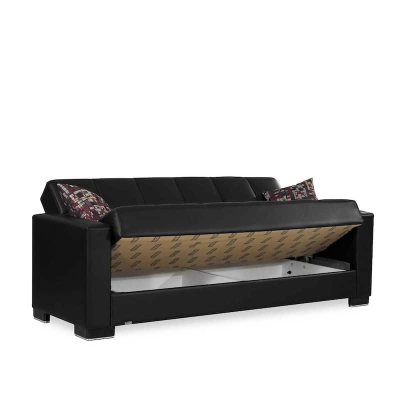 HomeRoots 87" Black Faux Leather Convertible Futon Sleeper Sofa And Toss Pillows With Storage