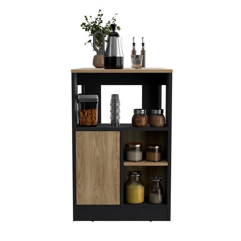 Kitchen Island 36" H, Three Open Side Storage Shelves and One Push-to-Open Cabinet, Black / Natural Oak