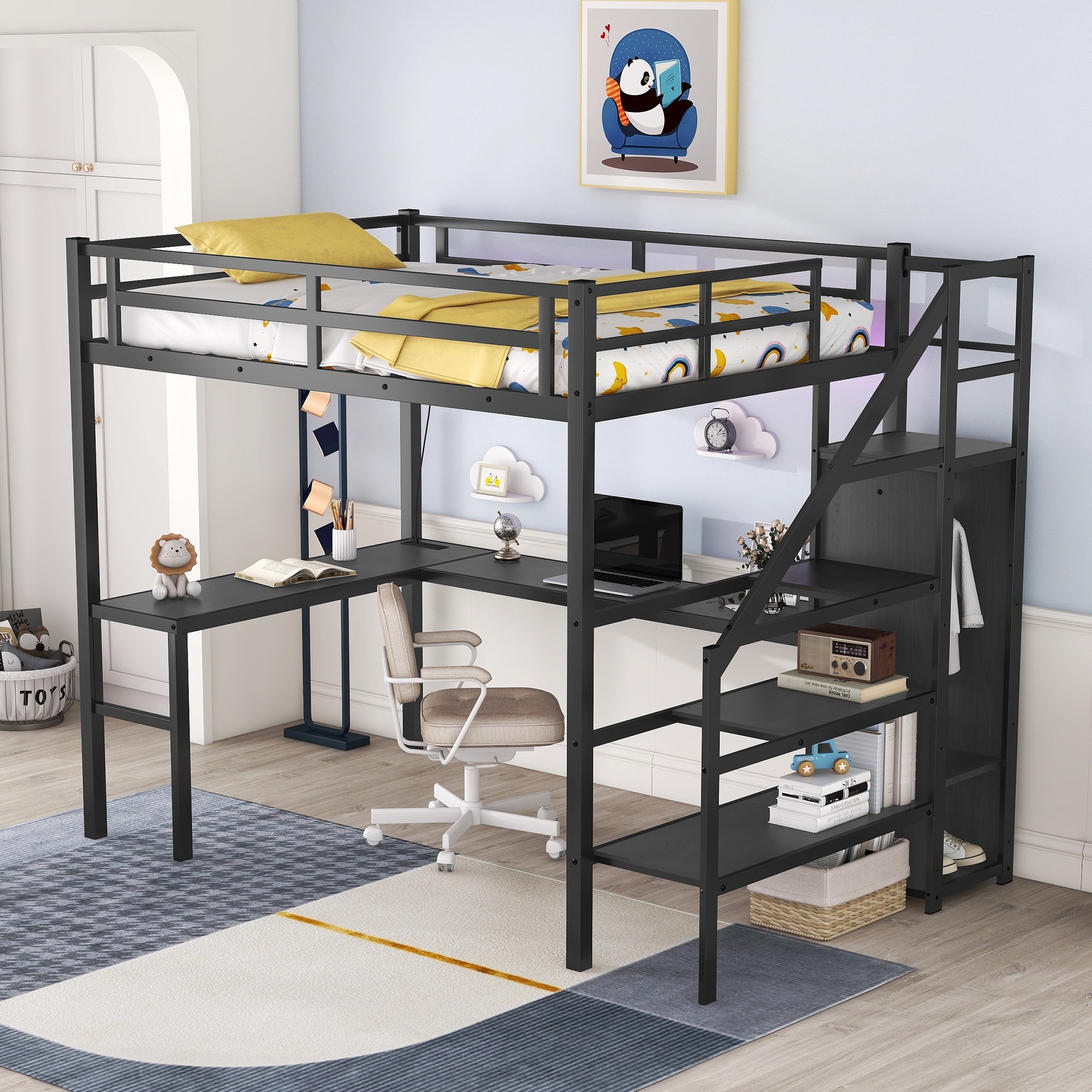 Black Full Size Metal Loft Bed with Desk, Closet, USB, and LED Lights for Modern Convenience