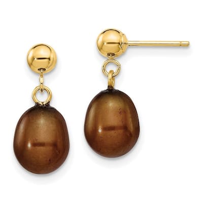 Curata 14k Yellow Gold 7-7.5mm Brown Freshwater Cultured Pearl Dangle Earrings 17x7.5mm
