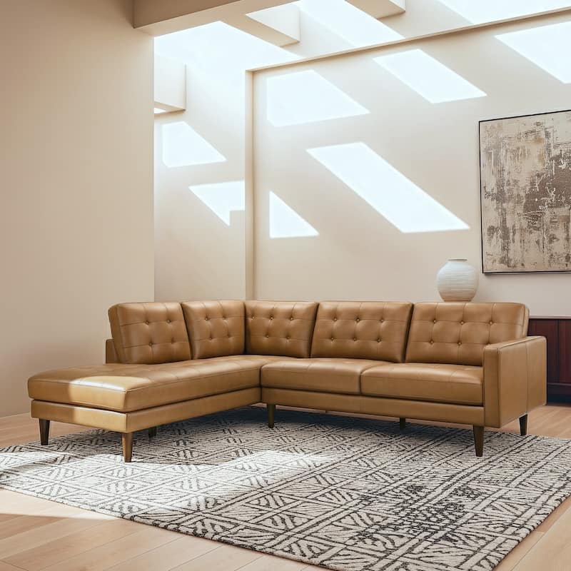 Lester Tufted Modern Living Room Top Leather Corner Sectional Sofa in Cognac Tan