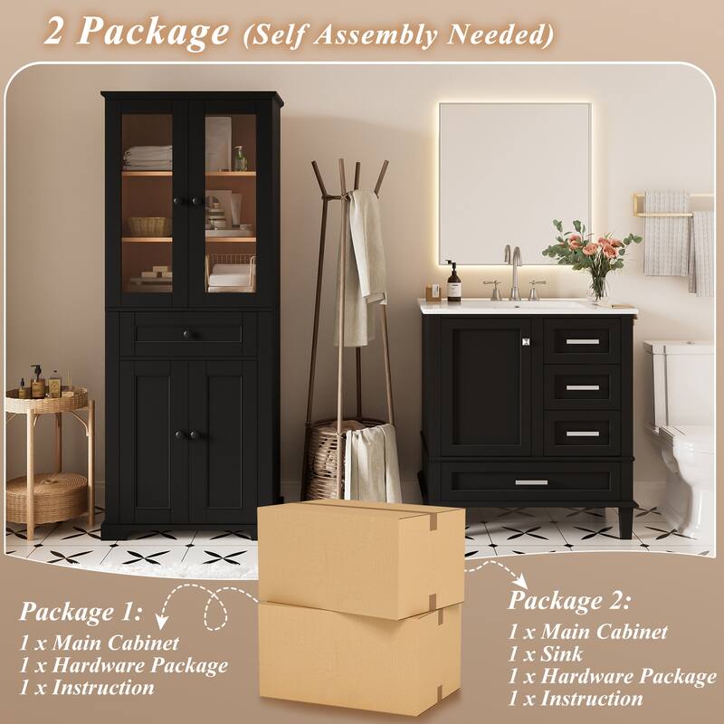 67.57" Tall Bathroom Storage Cabinet and 30" Bathroom Vanity with Sink Combo, Modern Freestanding Cabinet Set with Glass Doors