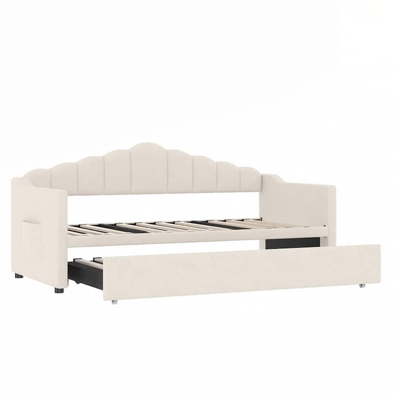 Upholstered Daybed with Adjustable Height Pop Up Trundle and 2 Side Pockets
