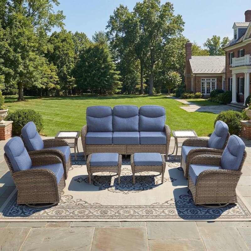 Pocassy Outdoor Wicker Patio Sofa with Swivel Chair Ottoman Sets - Brown Wicker Blue Cushion - 9-Piece Sofa Swivel Chair with Ottoman
