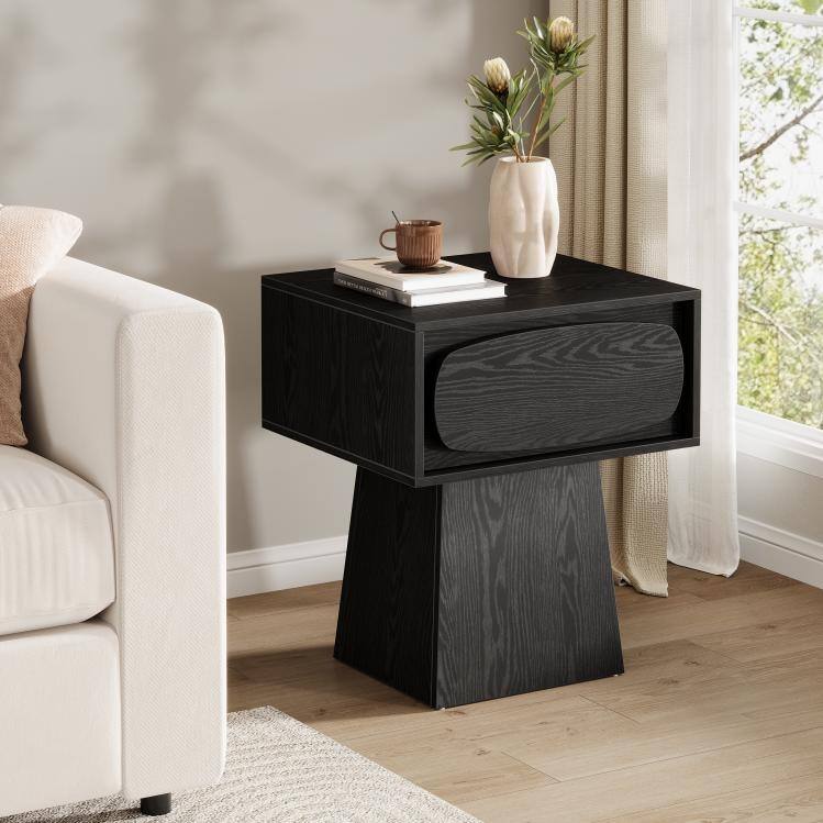 End Table with Drawer Storage, Side Stand for Living Room, Bedroom, Rustic Natural - Large - Black