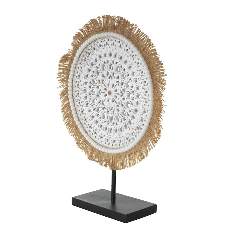 Wooden Tribal Handmade Seagrass Fringed Decorative Sculpture with Black Base - White or Gray - Roche River Decor