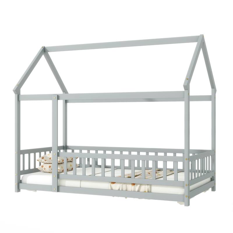Twin Size House Floor Wooden Bed with Roof Frame,Safety Guardrails