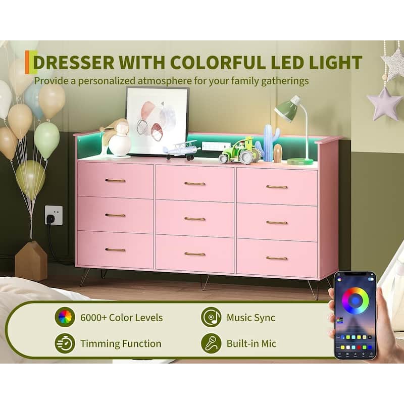 9-Drawer Dresser for Bedroom with Charging Station & RGB Lights