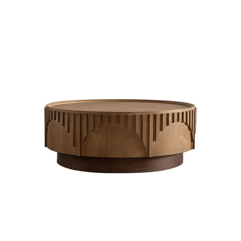 Roomfitters Modern Round Wood Coffee Table, Solid Wood Veneer Center Table with Handcrafted Relief and Sturdy Pedestal, Natural