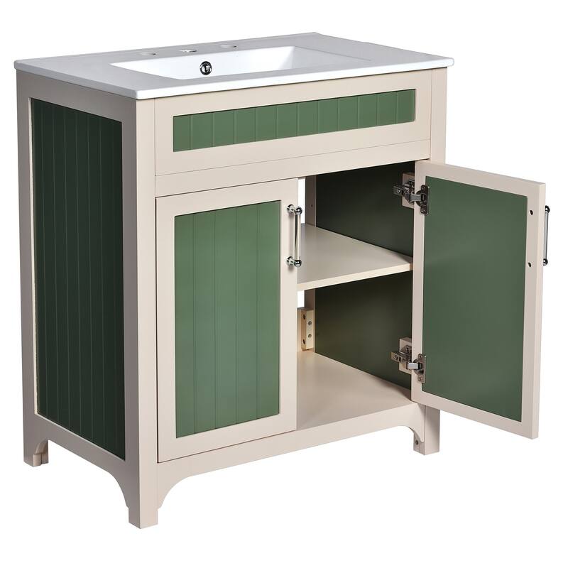 30 Inch Single Sink Freestanding Bathroom Vanity in Green with White Ceramic Top
