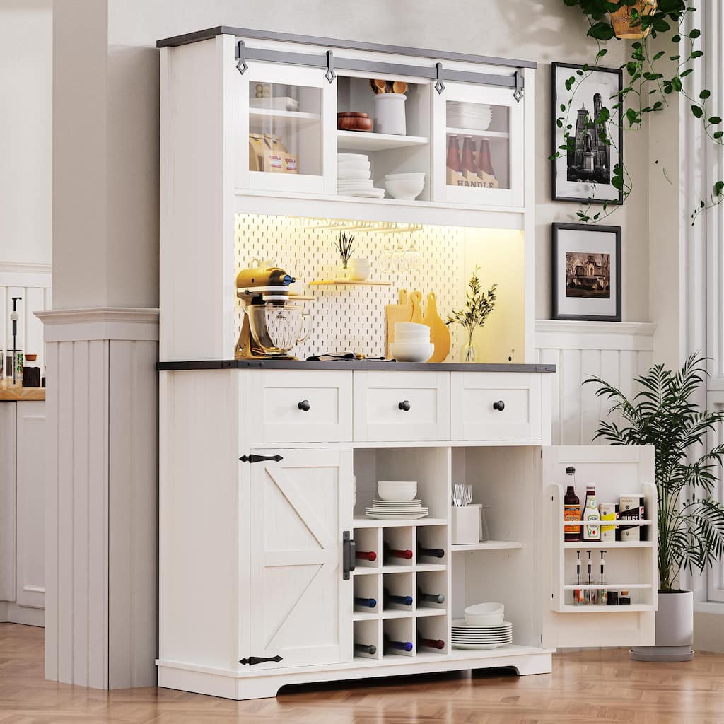 Coffee Bar Cabinet with Power Outlet, Large Kitchen Buffet Cabinet, Sideboard with Sliding Door, Wine Rack & 3 Drawers