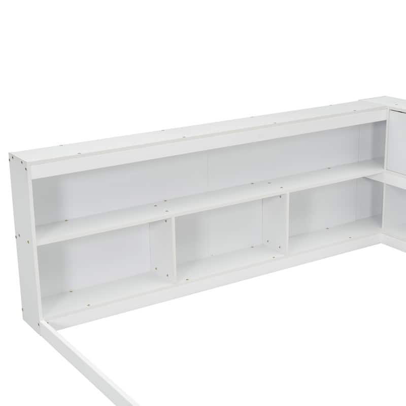 Full Size Wood Floor Bed with L Shape Bookcases,Without Slats