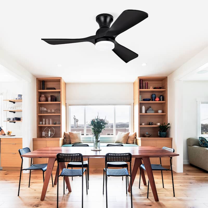 42 Inch Black Ceiling Fan with Lights Flush Mount Ceiling Fan with Remote Control, ABS Blades Modern Outdoor Ceiling Fans