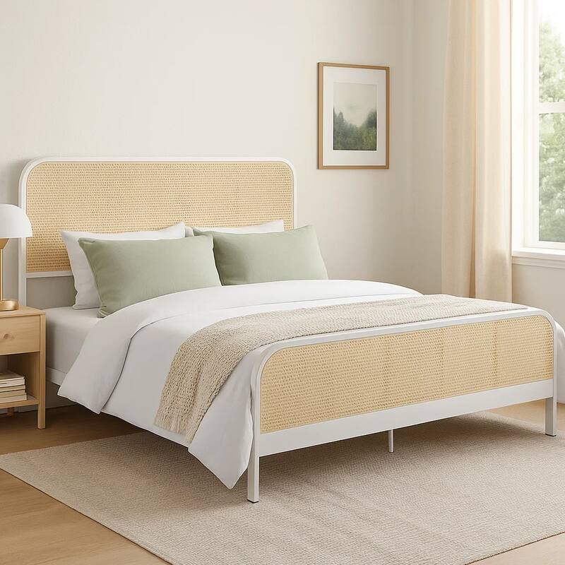 Lanie King Bed with Brown Open Cane Webbing Faux Rattan, White Metal
