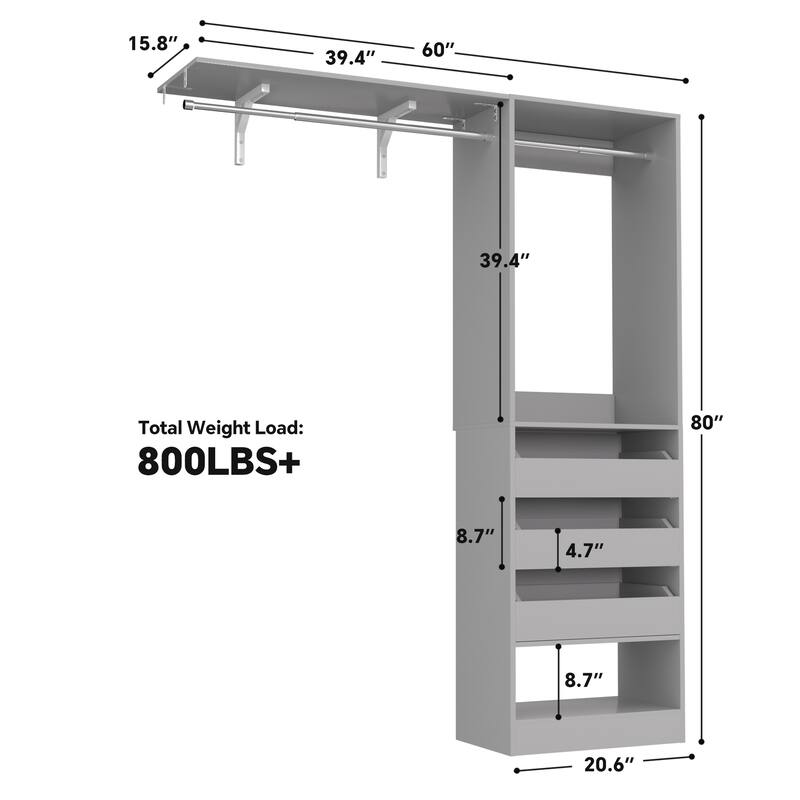 20"-60" Closet System with 3 Wooden Drawers and Sturdy Shelves and Retractable Rods