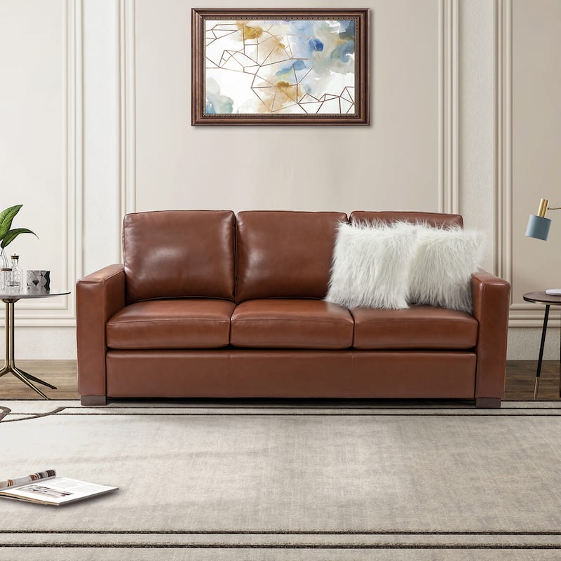 Ernando 83.46" Wide Genuine Leather Sofa with Squared Arms and Pillows