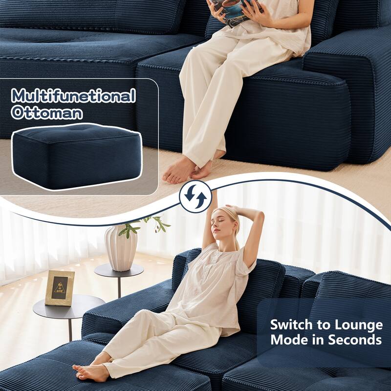 L-Shaped Sectional Couch with Ottoman, Oversized Modular Corduroy Sofa