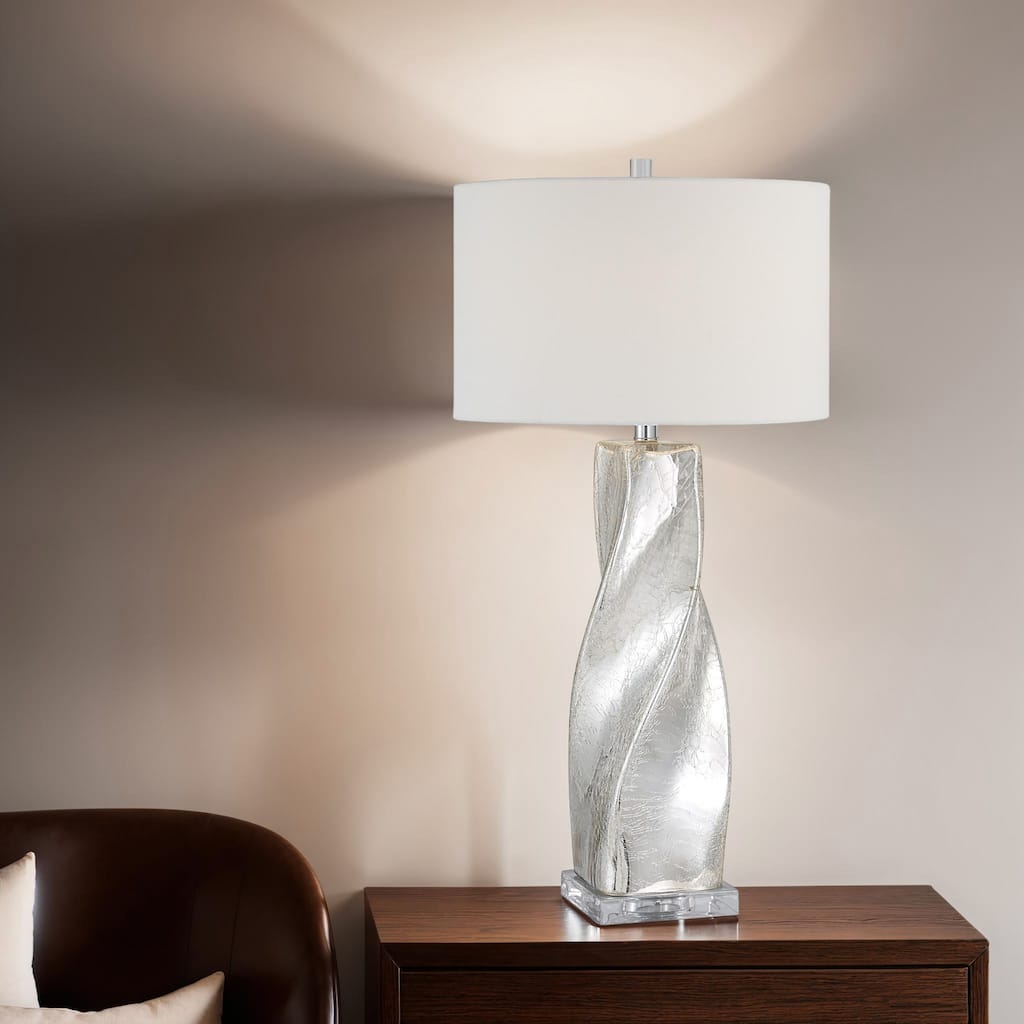 Crackled Table Lamp with Drum Shade - 31.5" - Silver Finish