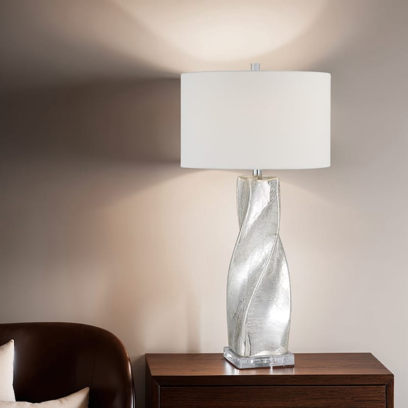 Crackled Table Lamp with Drum Shade - 31.5" - Silver Finish