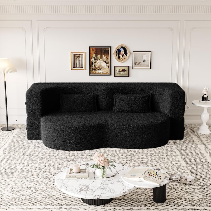 Modern Floor Sofa Bed, Teddy Fabric, 2 Pillows, 15" Fold Mattress