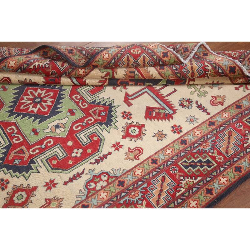 Hand Knotted Oriental 100% Wool Carpet Traditional Geometric Beige & Ivories Kazak Area Rug - 9' 10'' X 6' 5''