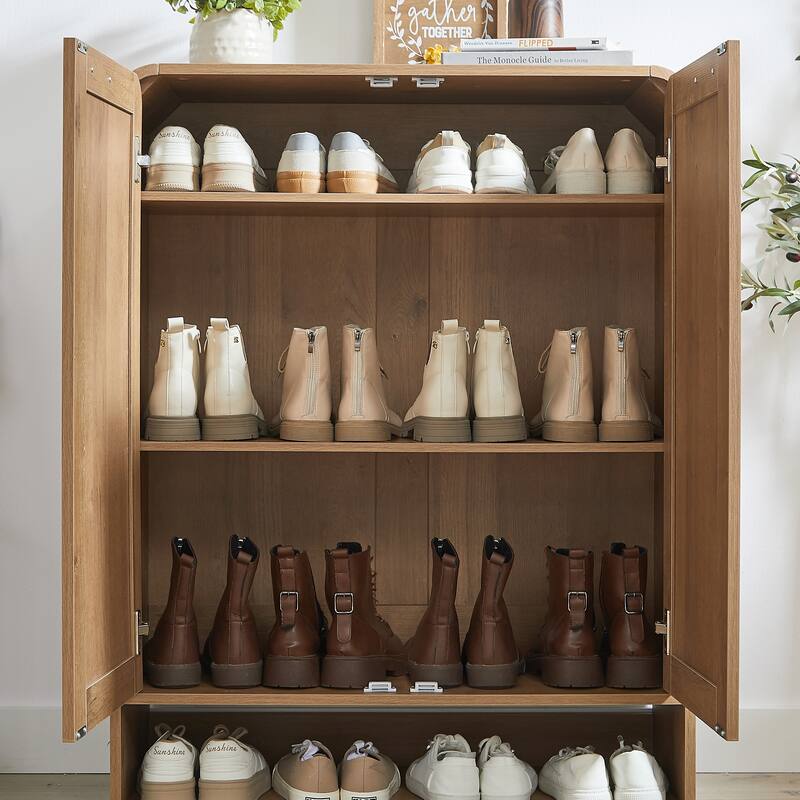 Rattan Shoe Cabinet with Doors & Open Bottom Shelf, Shoe Storage Cabinet with Adjustable Shelves, Wooden Shoes Rack Organizer