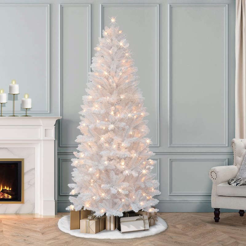 Puleo International 7 ft. Pre-Lit White Carson Artificial Pine Tree - White