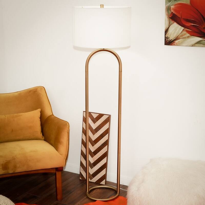 Brass Ring Base Floor Lamp with Large White Drum Shade