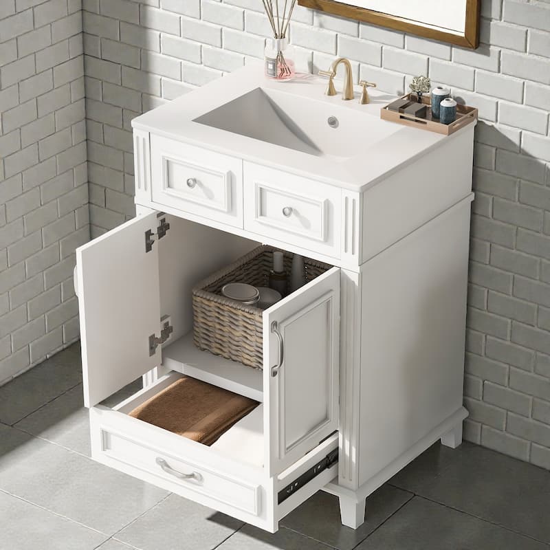 24 Inch Bathroom Vanity with Ceramic Sink, Solid Wood Frame, Soft Close Doors and Drawer, Retro Bathroom Cabinet