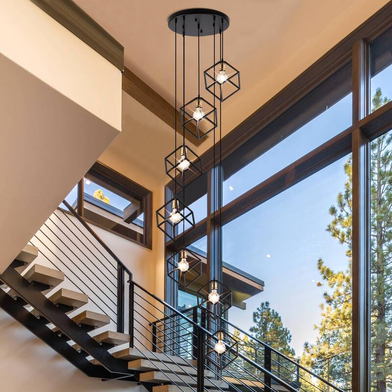 7 - Light Cluster Geometric Staircase Pendant, Adjustable Height Stairway Chandelier
