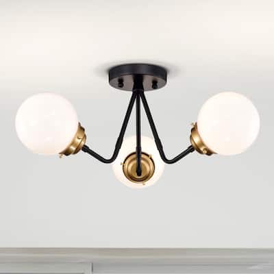 Meylin Matte Black+Gold 3-Light Glossy Glass Globe Semi-Flush Mount