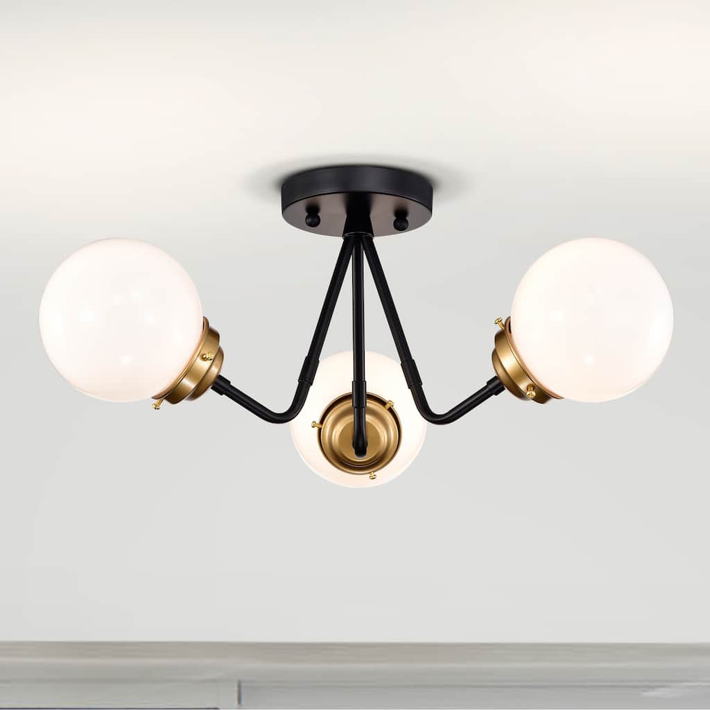 Meylin Matte Black+Gold 3-Light Glossy Glass Globe Semi-Flush Mount