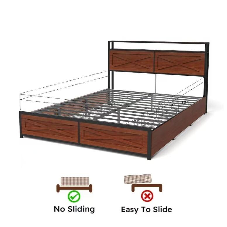 Solid Wood Bed Frame with Storage Headboard‌ – Built-In USB Charging Station & Tool-Free Assembly