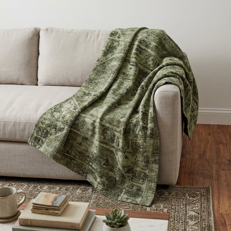 HomeRoots 50" X 70" Olive Green And Beige Damask Polyester Woven Plush Throw Blanket - Throw - Beige/Olive Green