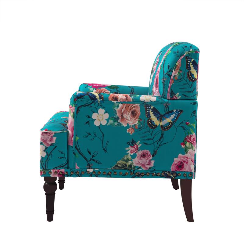 Striped Upholstered Linen Armchair with Brass Nailhead Trim