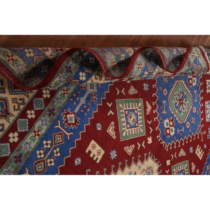 Large Red Geometric Kazak Oriental Area Rug Handmade Wool Carpet - 9'8" x 15'6"