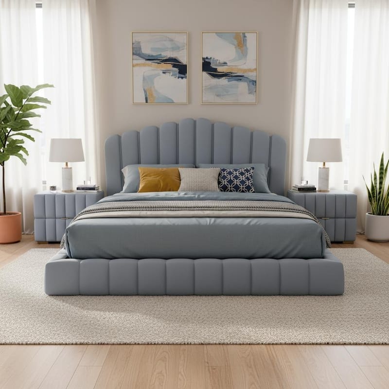Velvet Upholstered Queen Floor Bed by Harper&Bright Designs - Light Blue