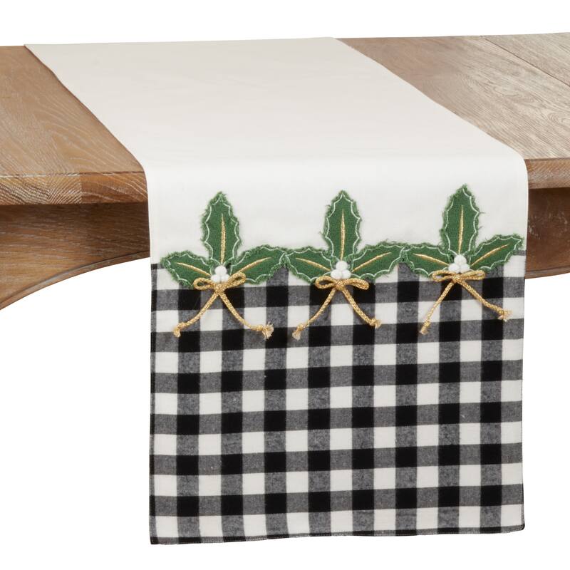 Christmas Table Runner With Buffalo Plaid Holly Design