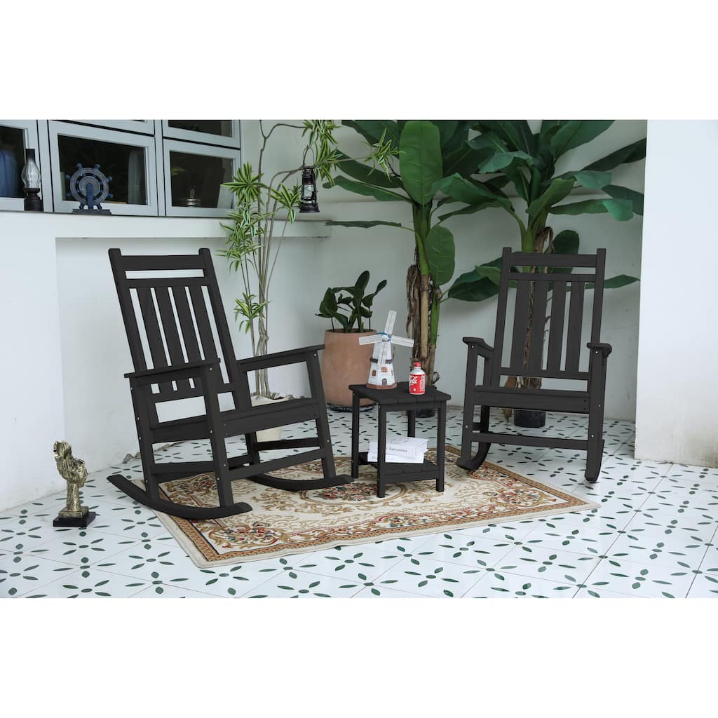 All Weather Rocking Chair Set with Side Table, 3-Piece Rocking Chair Set with Wood-Texture