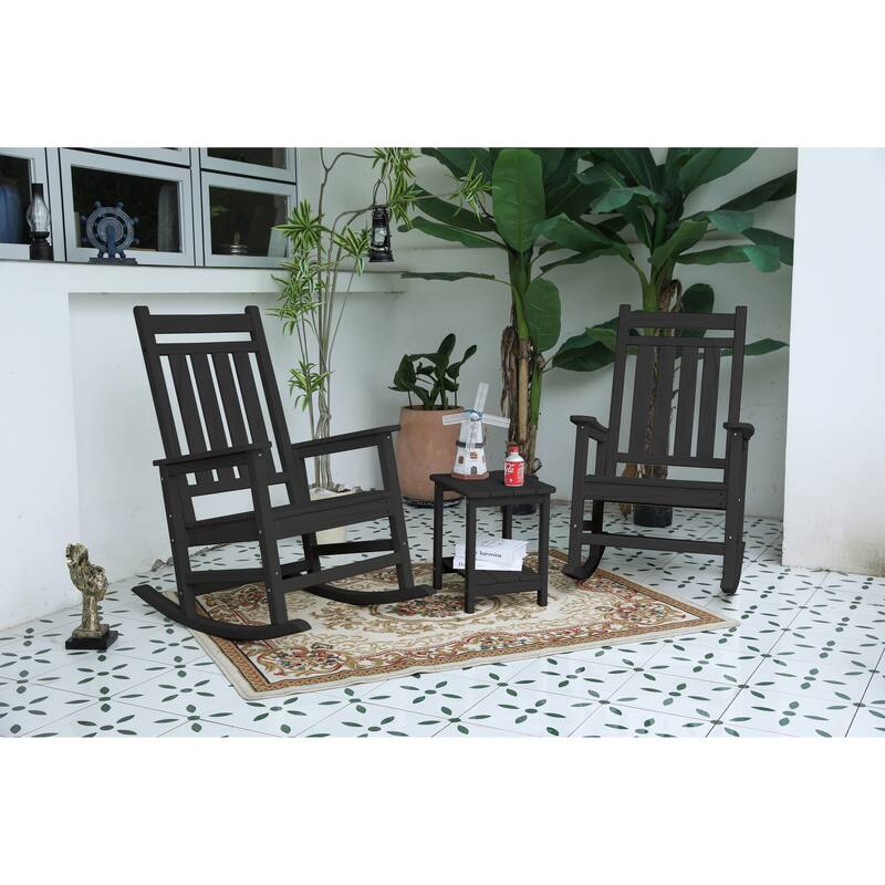Outdoor Rocking Chair Set with Side Table, 3-Piece Rocking Chair Set with Wood-Texture,All Weather-resistant - Grey