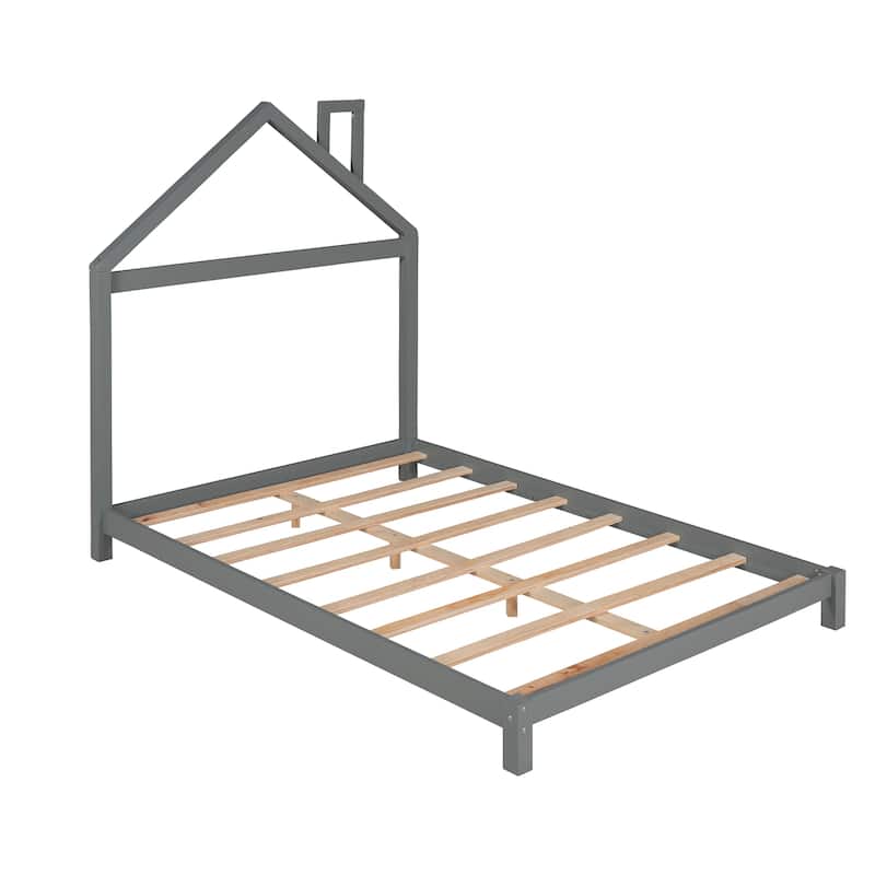 Full Size Wood Platform Bed with House-Shaped Headboard and Sturdy Pine Frame