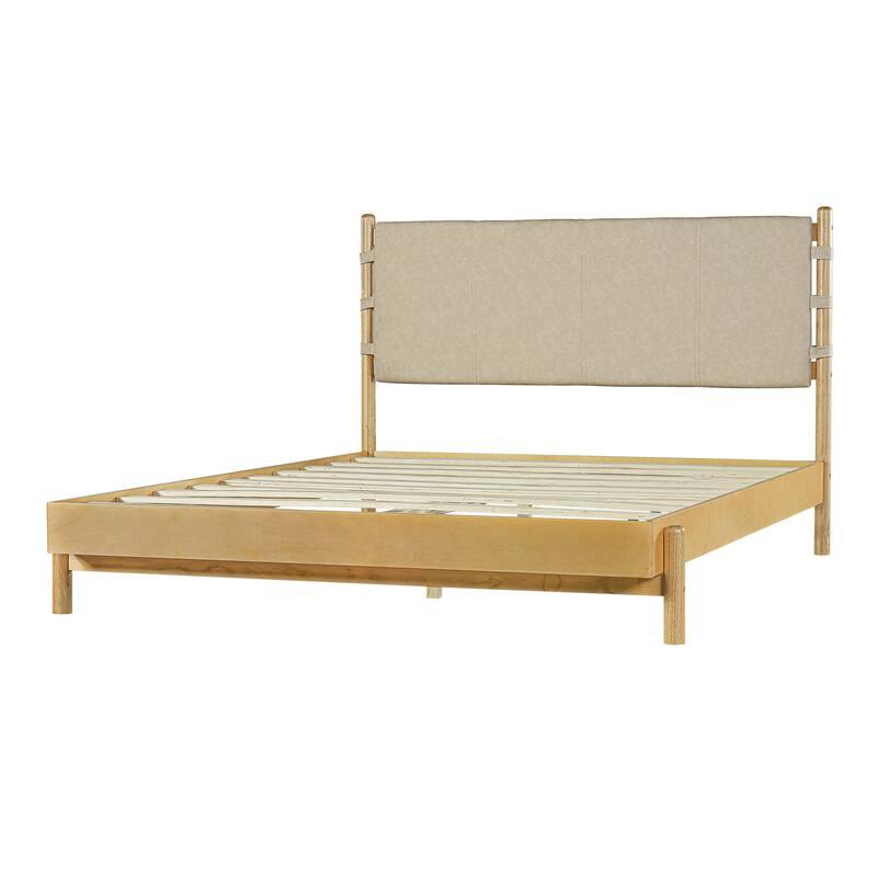 Low-Profile Platform Bed Frame with Upholstered Panel Headboard Wood Slat Supports and Center Support Legs for Bedroom Apartment
