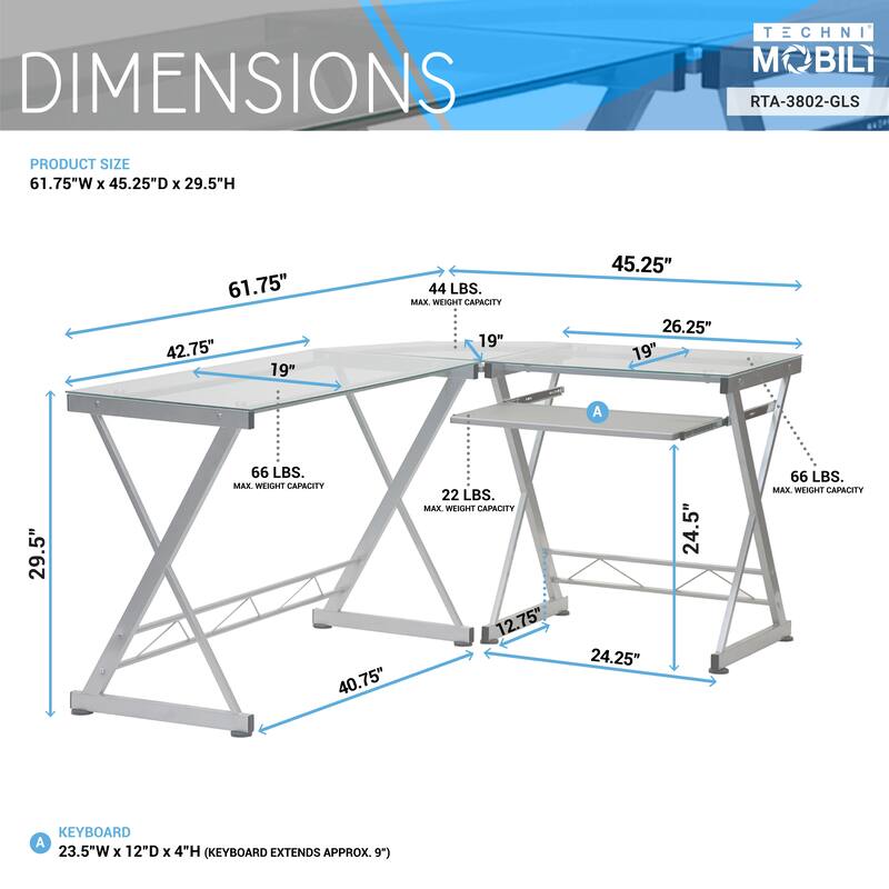 Techni Mobili L-Shaped Tempered Glass Top Computer Desk - White