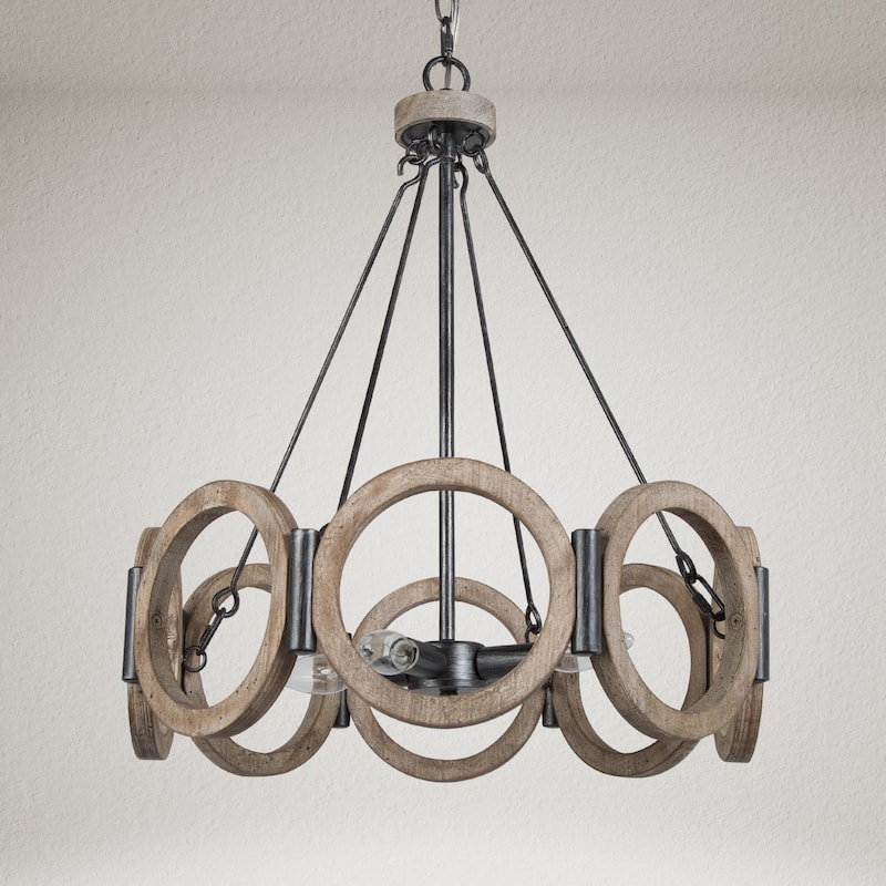 Farmhouse Wood 4-Light Drum Chandelier Wheel Lights for Dining Room - D 19.5" x H 22.5"