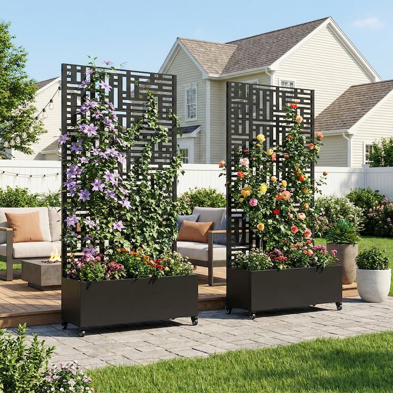 Metal Planter Box with Trellis Privacy Screen Planter Box with Lockable Wheels Set of 2 - 72"x35"