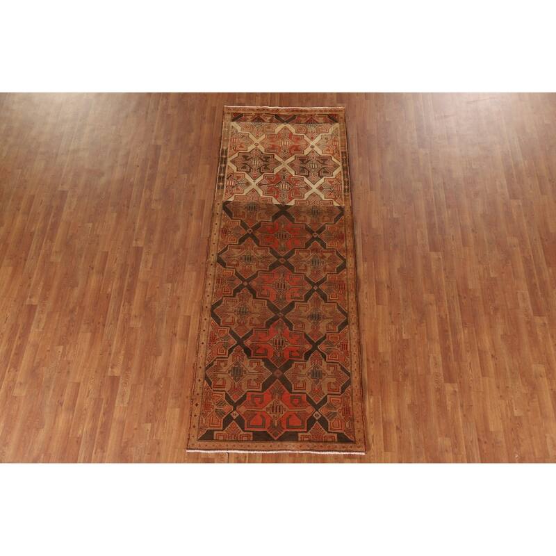 Brown Tribal Ardebil Persian Vintage Runner Rug Handmade Wool Carpet - 3'7"x 9'6"