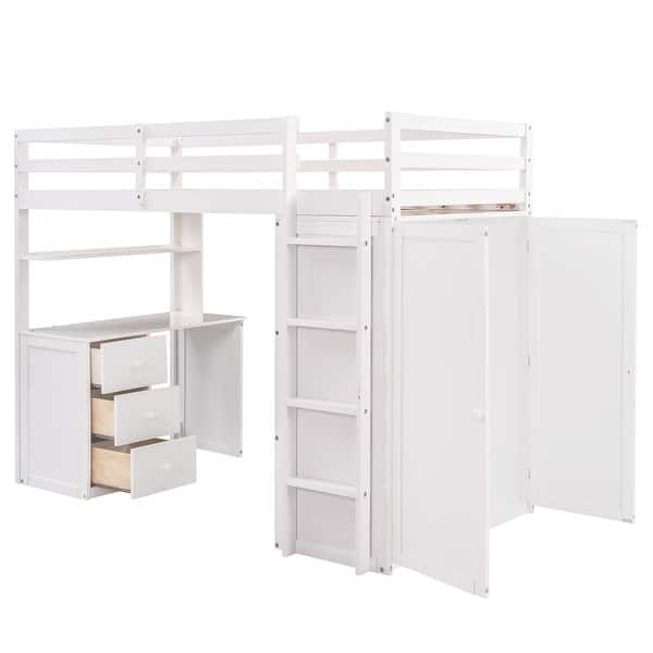 slide 2 of 84, Solid Wood Loft Bed with Desk, Drawers, Shelves & Wardrobe White - Twin