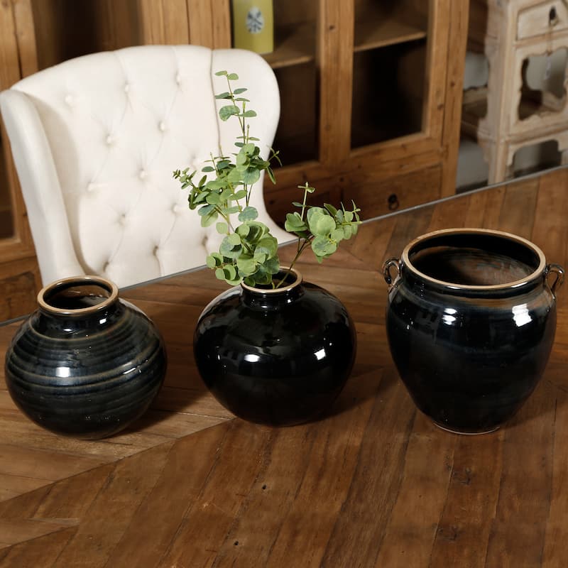 Artissance 10.63"L Round Black Porcelain Glazed Obsidian Small Opening Vase, Home and Garden Decor